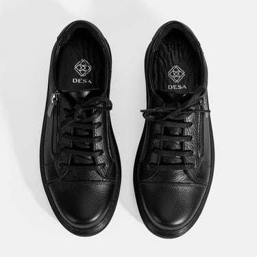  Kadın Siyah Bağcıklı Fermuar Detaylı Deri Günlük Ayakkabı