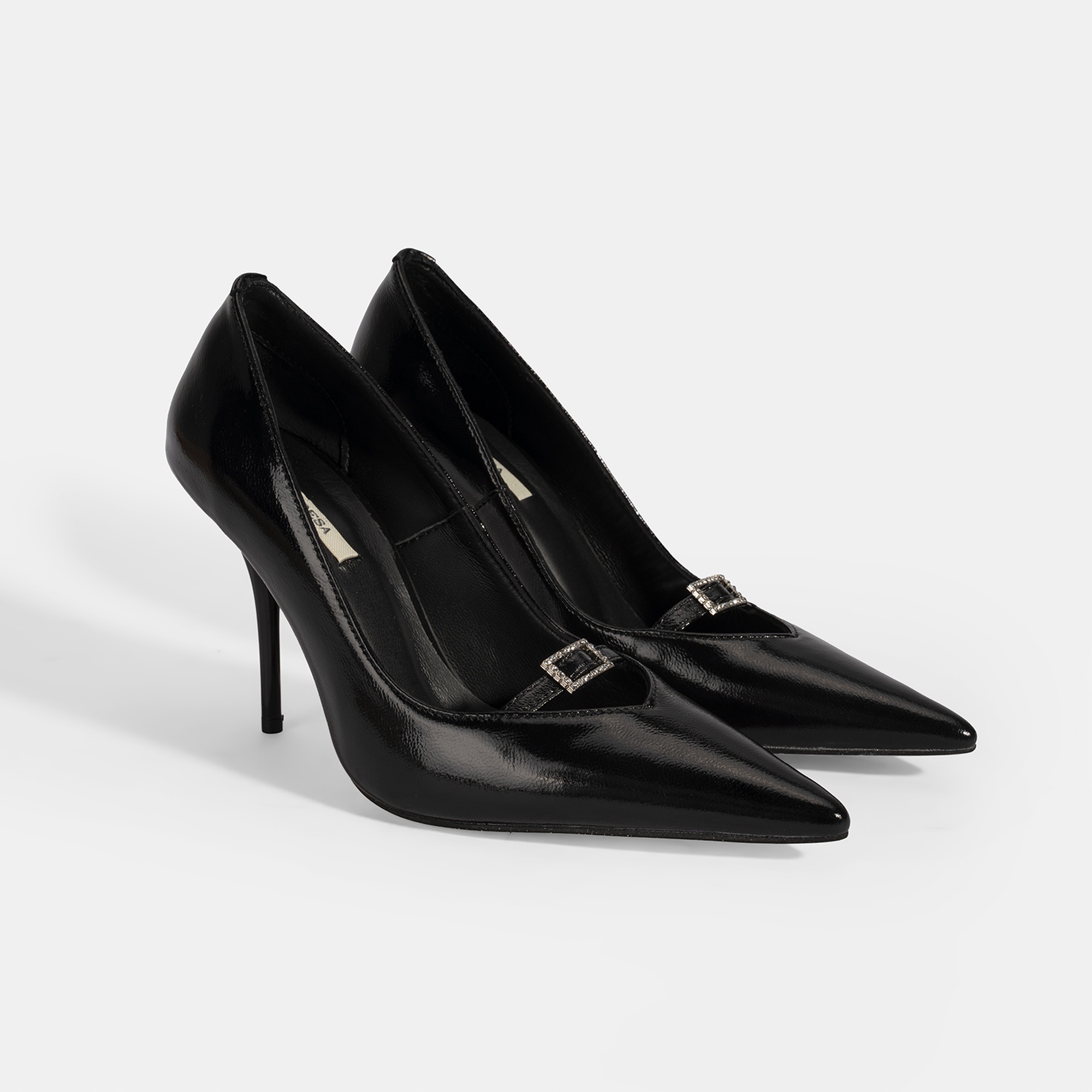 Kadın Siyah Taşlı Toka Detaylı Rugan Topuklu Abiye Ayakkabı