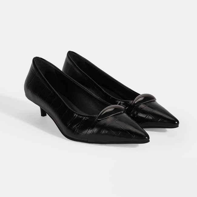  Kadın Siyah Kroko Baskılı Deri Topuklu Ayakkabı