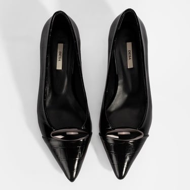  Kadın Siyah Kroko Baskılı Deri Topuklu Ayakkabı