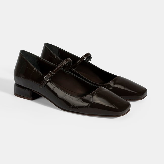  Kadın Kahve Kroko Baskılı Mary Jane Günlük Ayakkabı