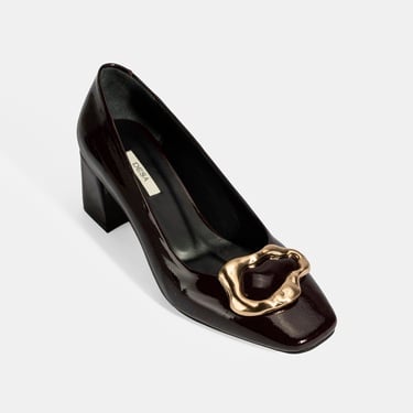  Kadın Bordo Metal Toka Aksesuarlı Rugan Topuklu Ayakkabı