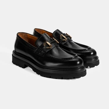  Erkek Siyah Metal Toka Detaylı Deri Loafer