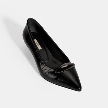  Kadın Siyah Kroko Baskılı Deri Topuklu Ayakkabı