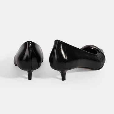  Kadın Siyah Kroko Baskılı Deri Topuklu Ayakkabı