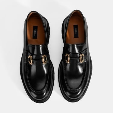  Erkek Siyah Metal Toka Detaylı Deri Loafer