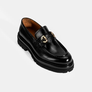  Erkek Siyah Metal Toka Detaylı Deri Loafer