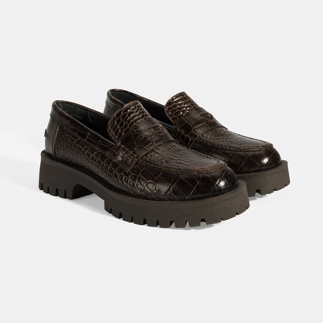  Kadın Kahve Kroko Basklı Deri Loafer