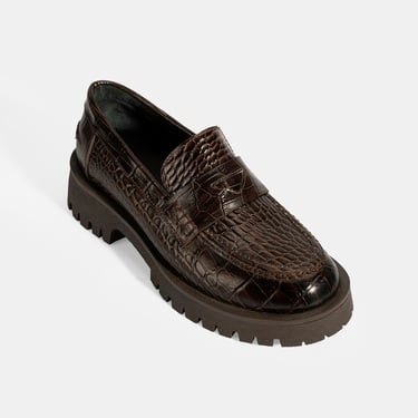  Kadın Kahve Kroko Basklı Deri Loafer