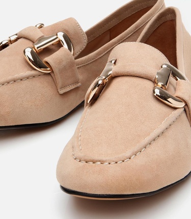  Kadın Süet Deri Bej Tokalı Günlük Loafer