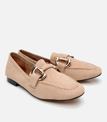  Kadın Süet Deri Bej Tokalı Günlük Loafer
