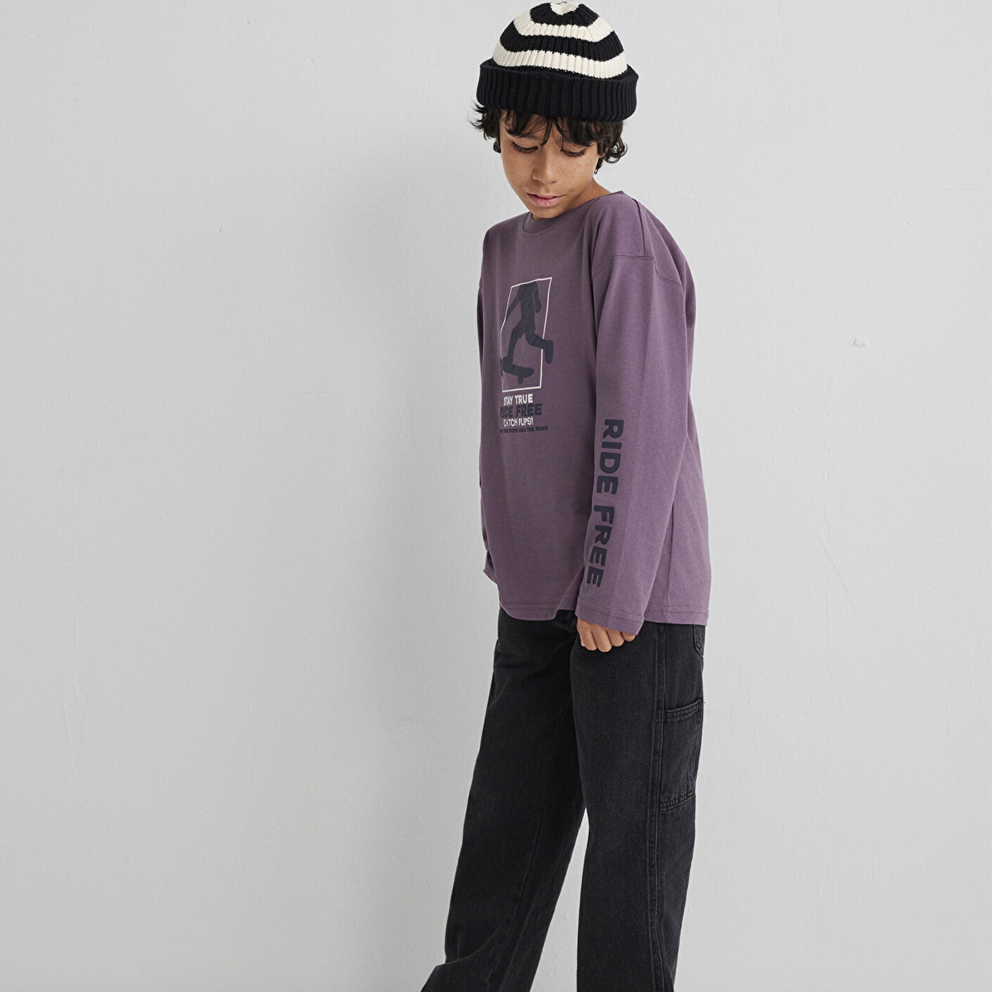 Mavi Baskılı Mor Tişört Loose Fit / Bol Rahat Kesim 6610366-70656