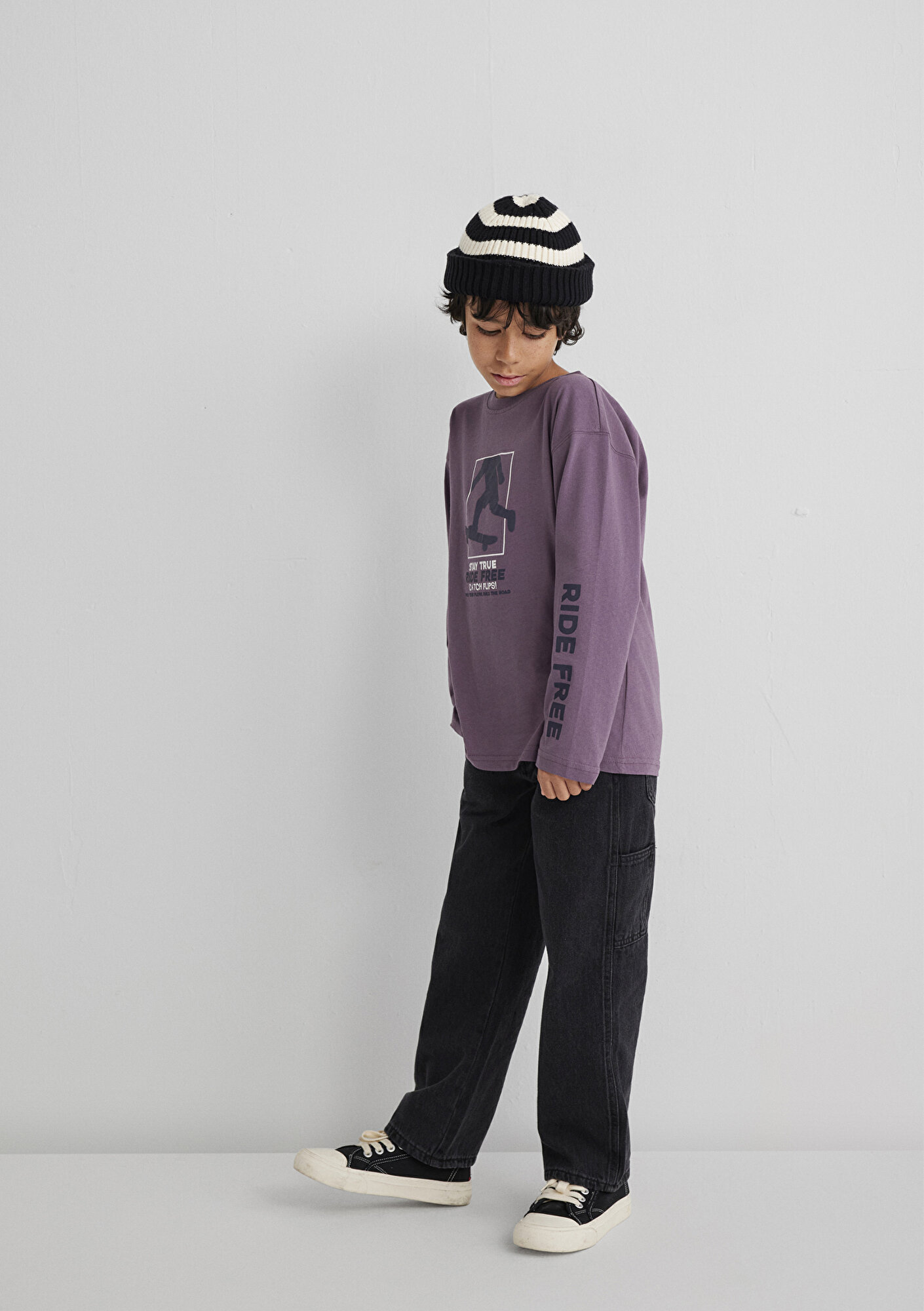  Mavi Baskılı Mor Tişört Loose Fit / Bol Rahat Kesim 6610366-70656