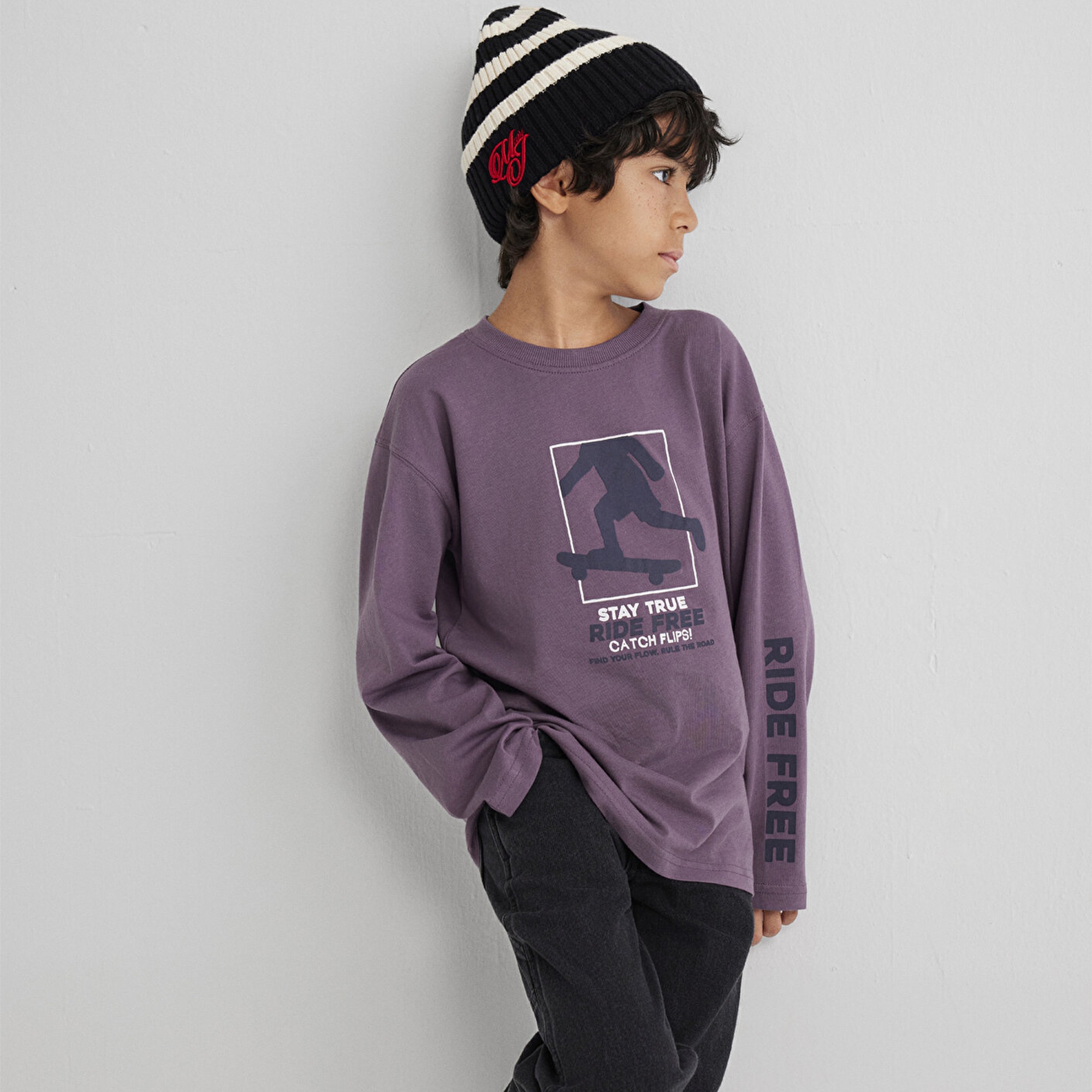 Mavi Baskılı Mor Tişört Loose Fit / Bol Rahat Kesim 6610366-70656