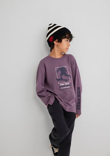  Mavi Baskılı Mor Tişört Loose Fit / Bol Rahat Kesim 6610366-70656