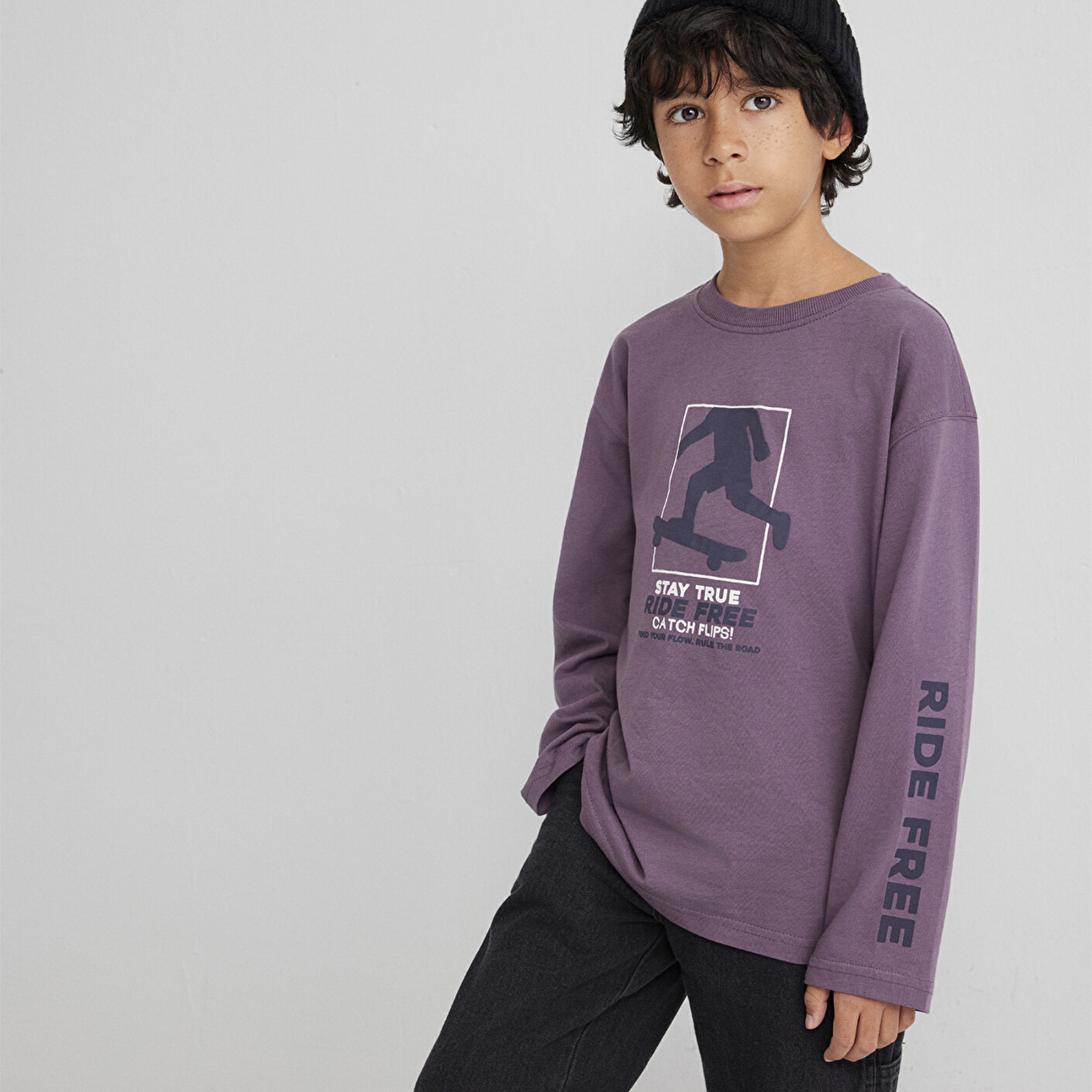 Mavi Baskılı Mor Tişört Loose Fit / Bol Rahat Kesim 6610366-70656