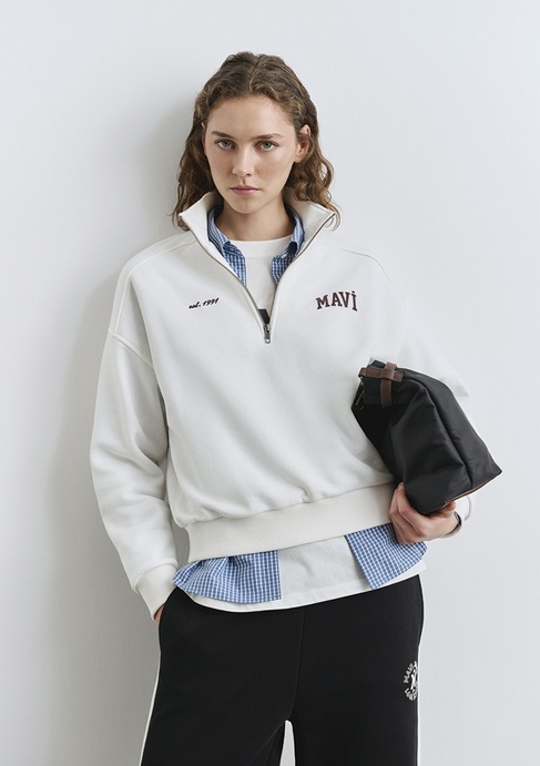  Mavi Mavi Logo Baskılı Yarı Fermuarlı Ekru Sweatshirt 1S10373-70057