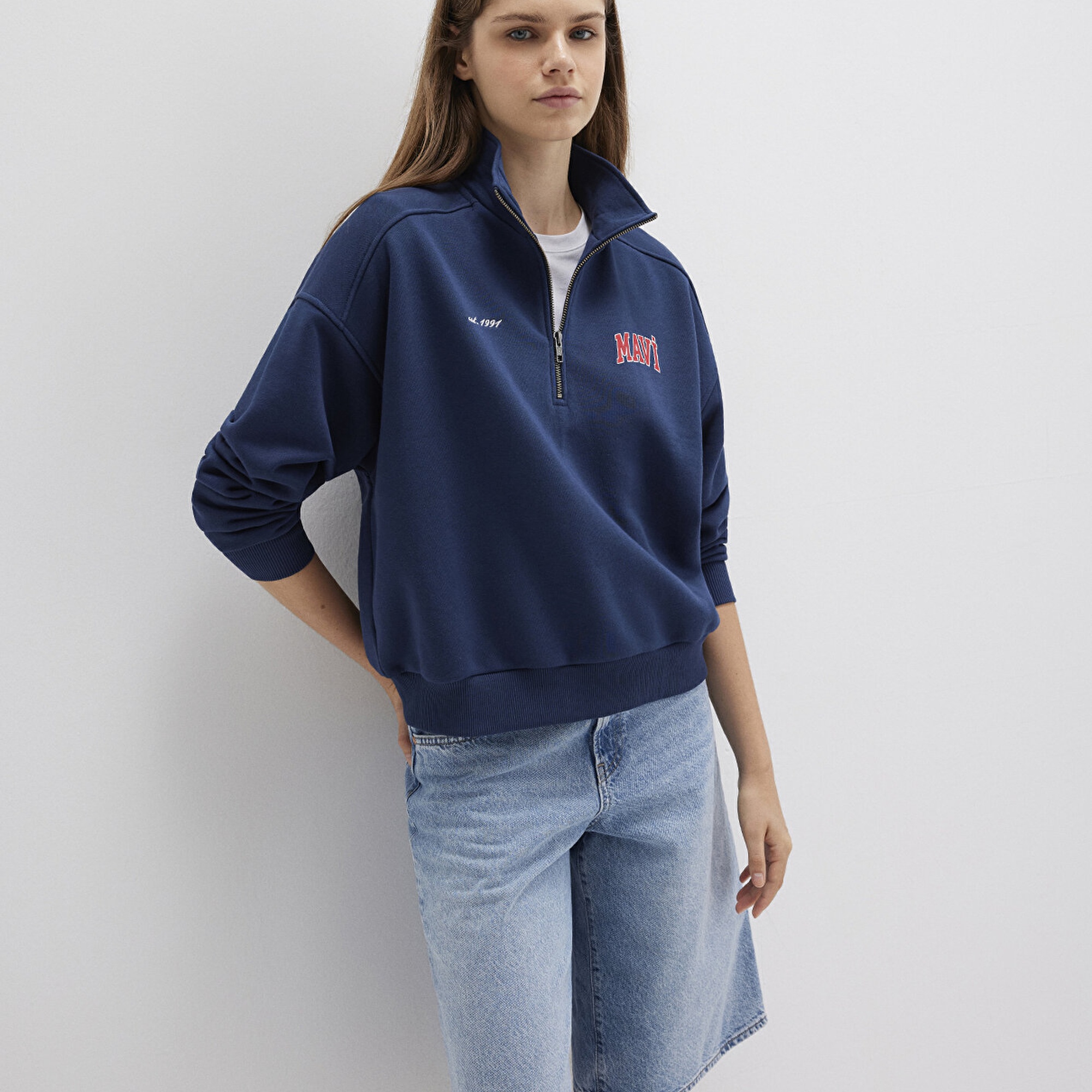 Mavi Mavi Logo Baskılı Yarı Fermuarlı Lacivert Sweatshirt 1S10373-70488