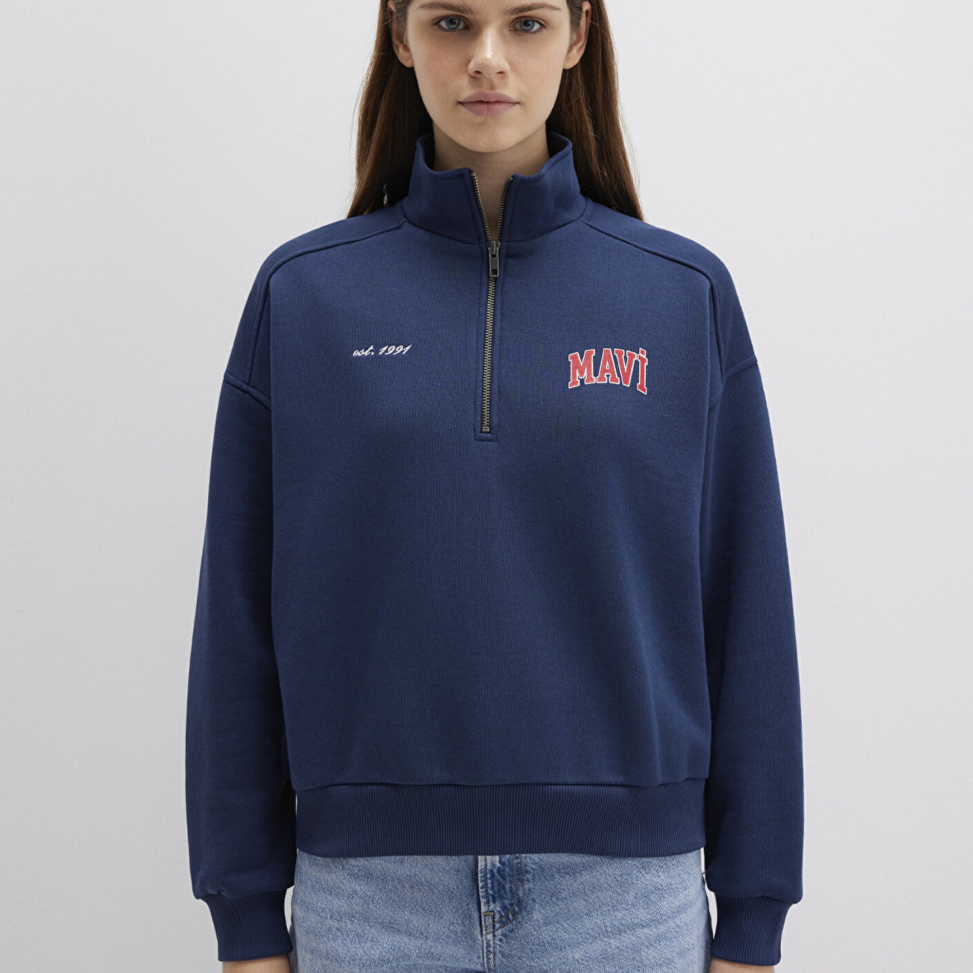Mavi Mavi Logo Baskılı Yarı Fermuarlı Lacivert Sweatshirt 1S10373-70488