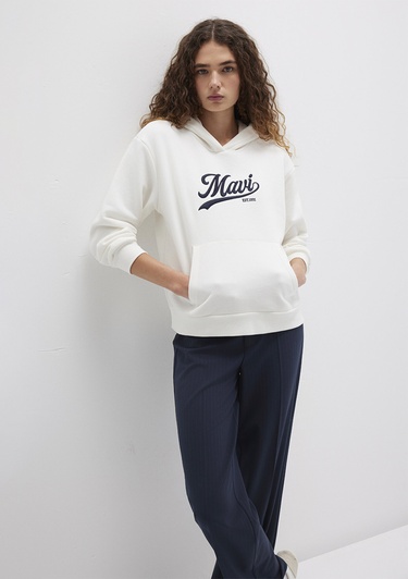 Mavi Mavi Logo Baskılı Kapüşonlu Beyaz Sweatshirt 1S10420-80194
