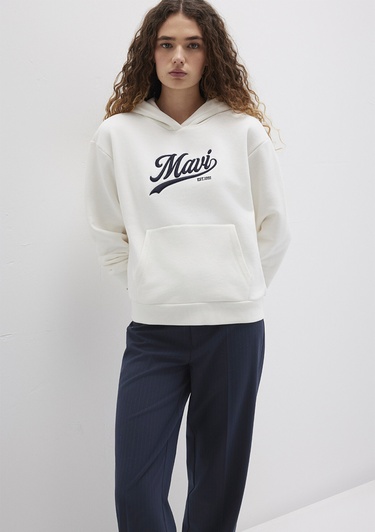  Mavi Mavi Logo Baskılı Kapüşonlu Beyaz Sweatshirt 1S10420-80194