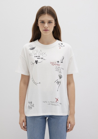  Mavi Baskılı Ekru Tişört Loose Fit / Bol Rahat Kesim 1613327-70057