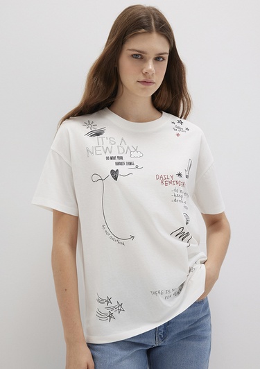  Mavi Baskılı Ekru Tişört Loose Fit / Bol Rahat Kesim 1613327-70057