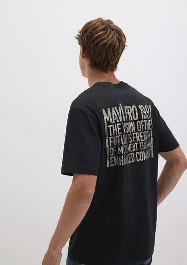  Mavi Pro Baskılı Siyah Tişört Loose Fit / Bol Rahat Kesim 0613078-900