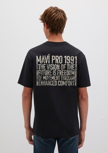  Mavi Pro Baskılı Siyah Tişört Loose Fit / Bol Rahat Kesim 0613078-900