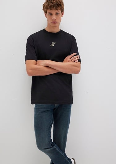  Mavi Pro Baskılı Siyah Tişört Loose Fit / Bol Rahat Kesim 0613078-900