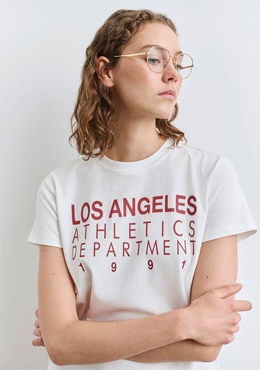  Mavi Baskılı Ekru Tişört Regular Fit / Normal Kesim 1613375-70057