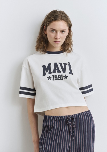  Mavi Mavi Logo Baskılı Beyaz Tişört Regular Fit / Normal Kesim 1613376-70057