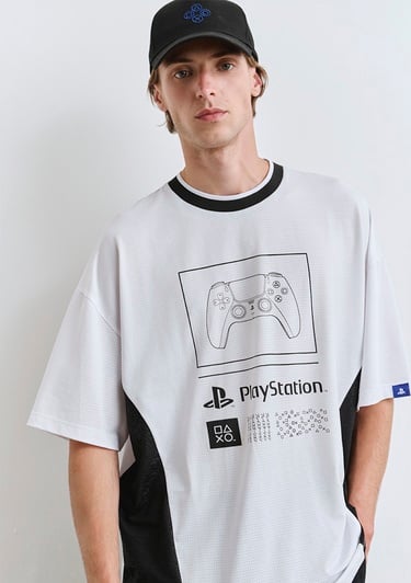  Mavi PlayStation Baskılı Beyaz Tişört Oversize / Geniş Kesim 0612938-620