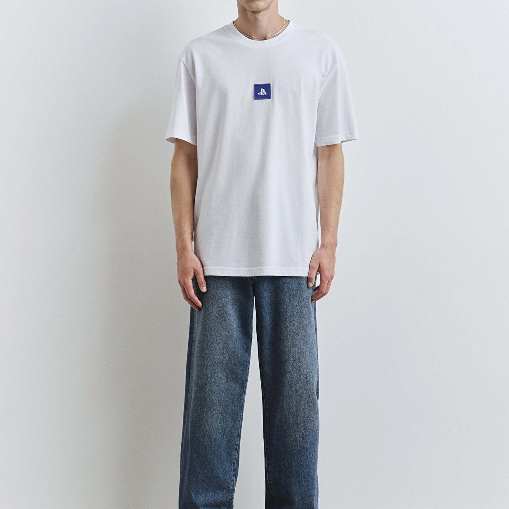 Mavi PlayStation Baskılı Beyaz Tişört Loose Fit / Bol Rahat Kesim 0612926-620