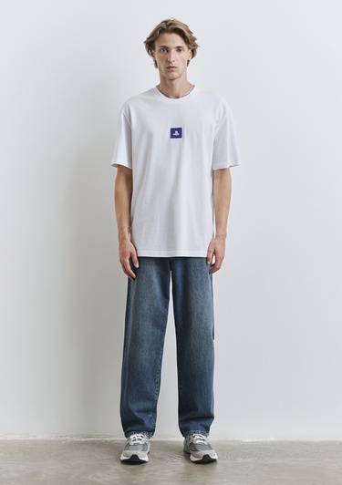  Mavi PlayStation Baskılı Beyaz Tişört Loose Fit / Bol Rahat Kesim 0612926-620