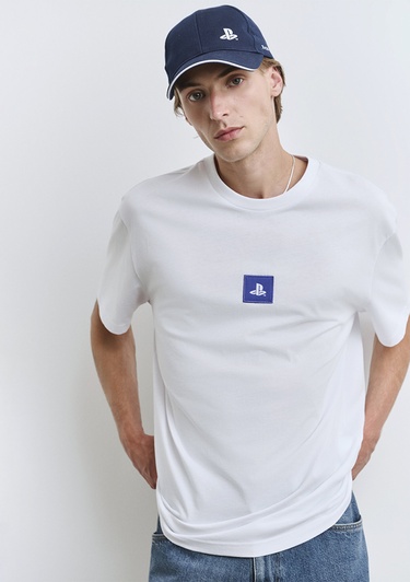  Mavi PlayStation Baskılı Beyaz Tişört Loose Fit / Bol Rahat Kesim 0612926-620