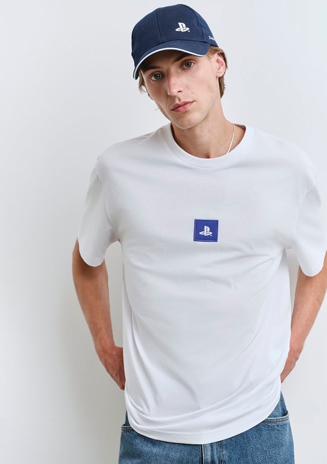  Mavi PlayStation Baskılı Beyaz Tişört Loose Fit / Bol Rahat Kesim 0612926-620