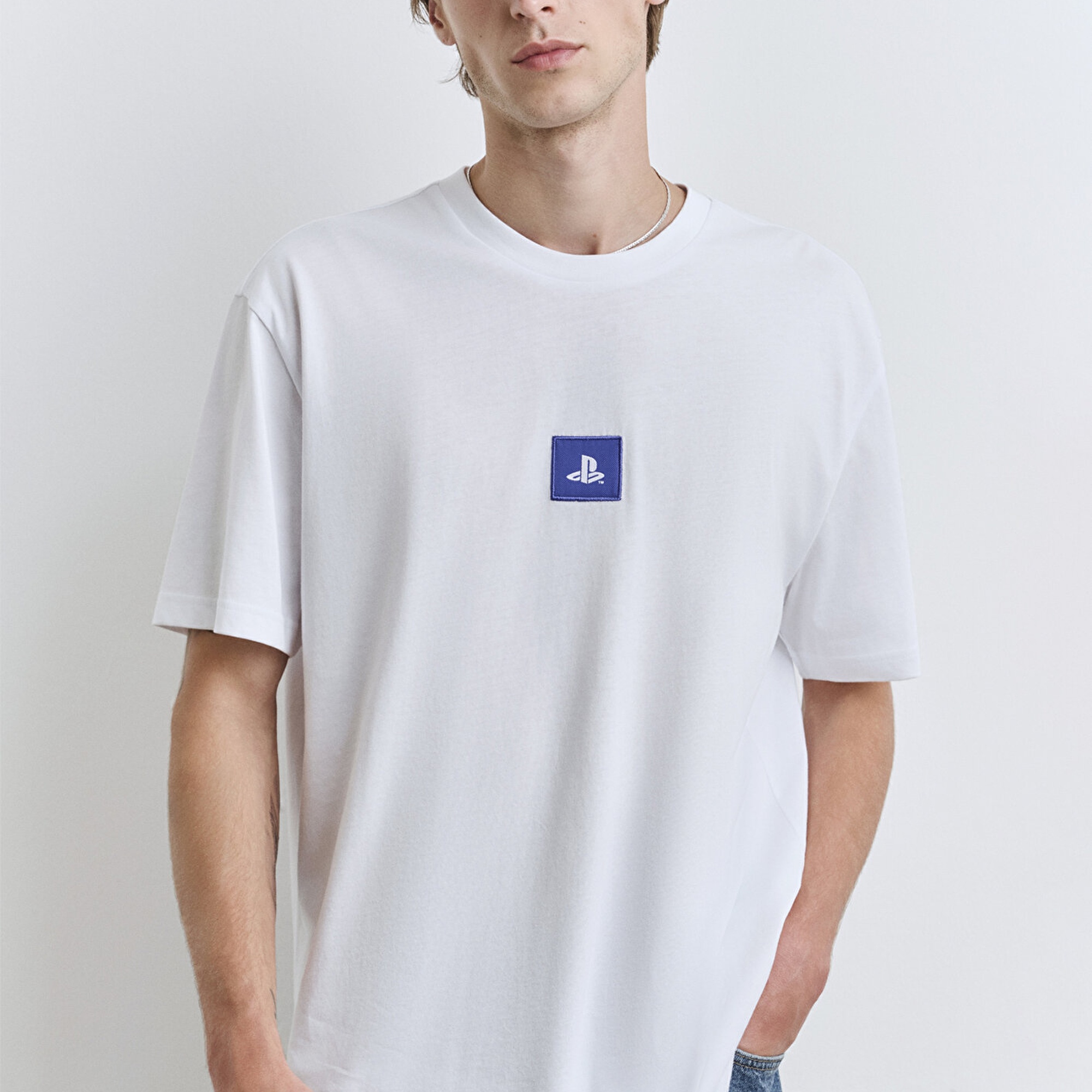 Mavi PlayStation Baskılı Beyaz Tişört Loose Fit / Bol Rahat Kesim 0612926-620