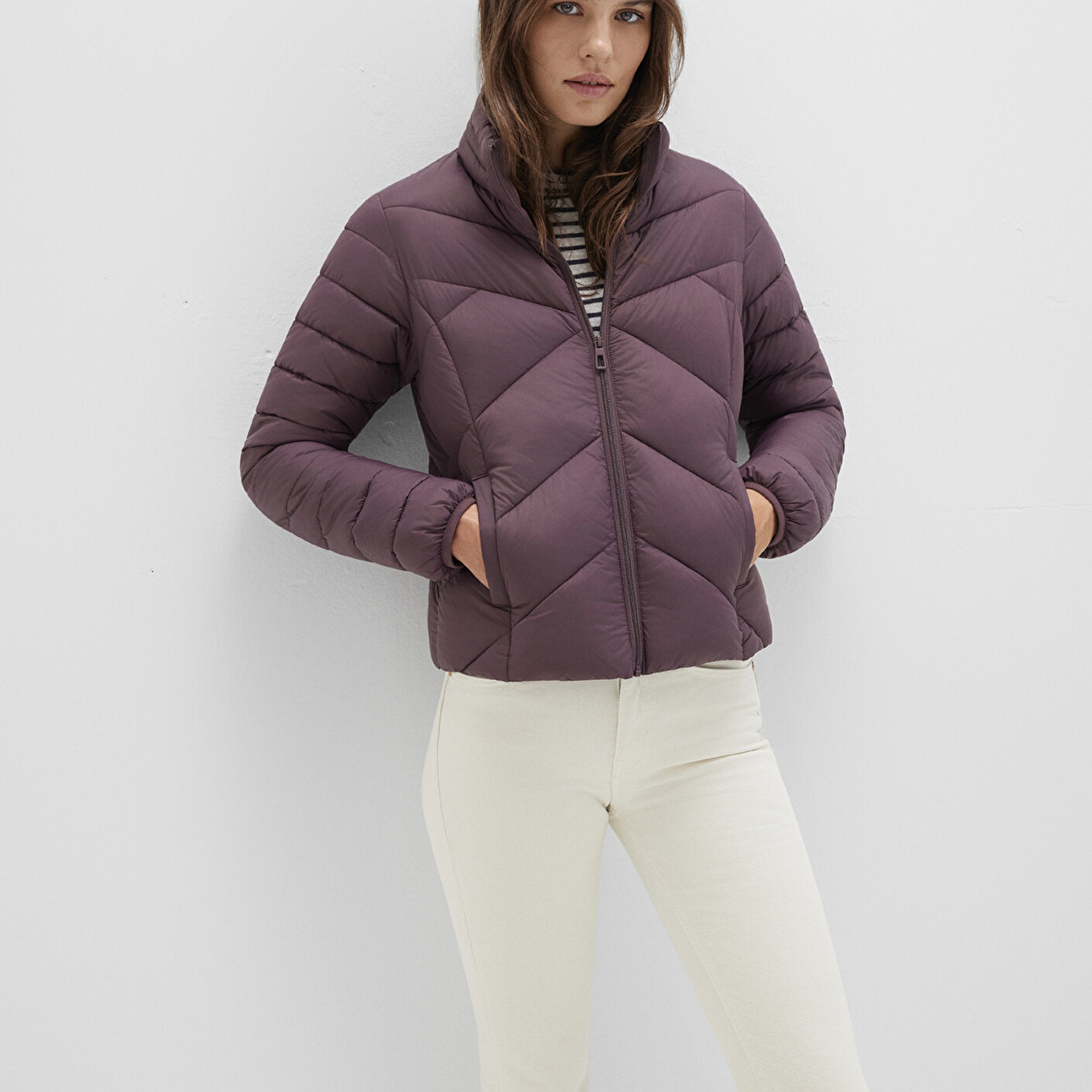 Mavi Dik Yaka Kahverengi Şişme Mont 110698-70260