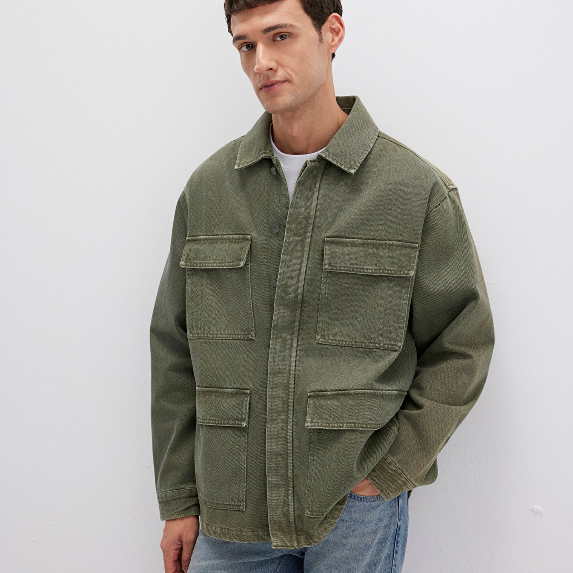 Mavi Cep Detaylı Haki Ceket Loose Fit / Bol Rahat Kesim 0110510-71581