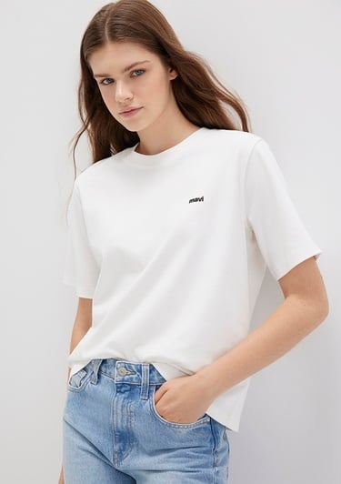  Mavi Mavi Logo Baskılı Ekru Tişört Regular Fit / Normal Kesim 1612122-70057