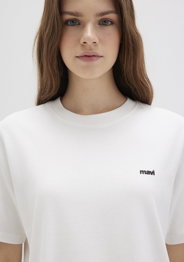  Mavi Mavi Logo Baskılı Ekru Tişört Regular Fit / Normal Kesim 1612122-70057