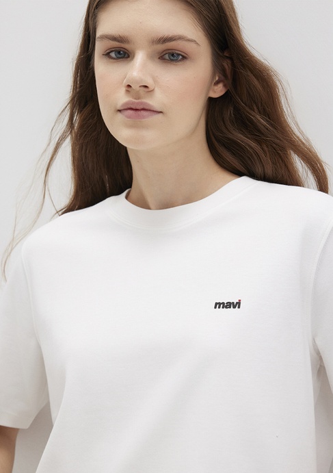  Mavi Mavi Logo Baskılı Ekru Tişört Regular Fit / Normal Kesim 1612122-70057