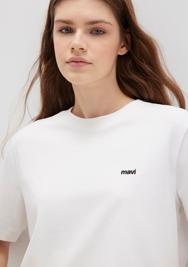  Mavi Mavi Logo Baskılı Ekru Tişört Regular Fit / Normal Kesim 1612122-70057