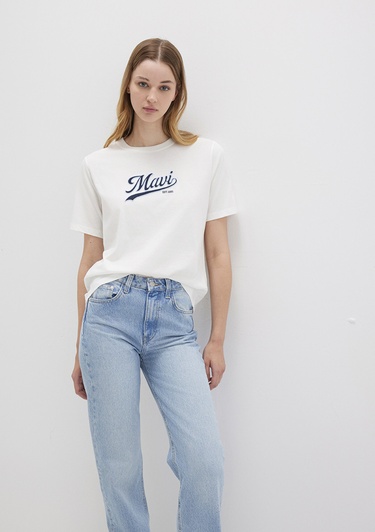  Mavi Mavi Logo Baskılı Ekru Tişört Regular Fit / Normal Kesim 1613565-80194