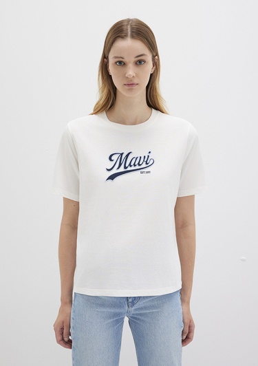  Mavi Mavi Logo Baskılı Ekru Tişört Regular Fit / Normal Kesim 1613565-80194