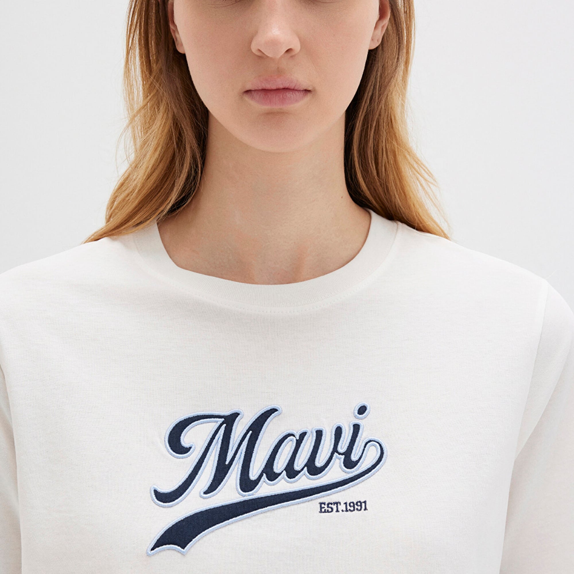 Mavi Mavi Logo Baskılı Ekru Tişört Regular Fit / Normal Kesim 1613565-80194