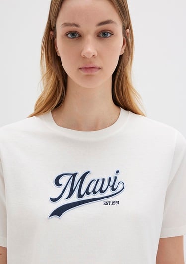  Mavi Mavi Logo Baskılı Ekru Tişört Regular Fit / Normal Kesim 1613565-80194