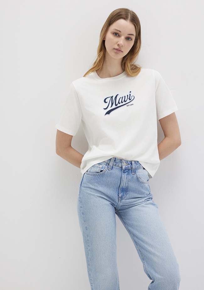  Mavi Mavi Logo Baskılı Ekru Tişört Regular Fit / Normal Kesim 1613565-80194