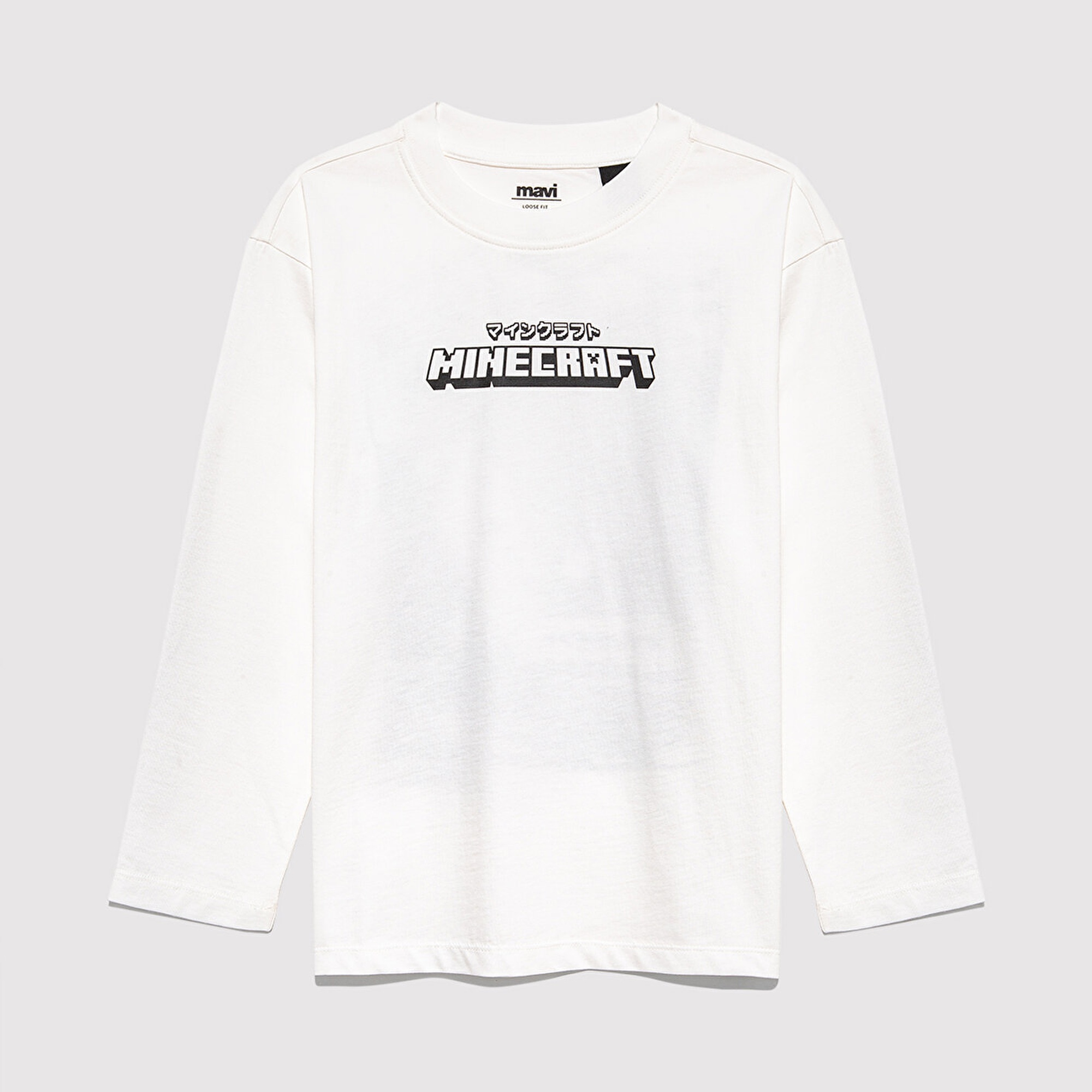 Mavi Minecraft Baskılı Ekru Tişört Loose Fit / Bol Rahat Kesim 6610378-70057